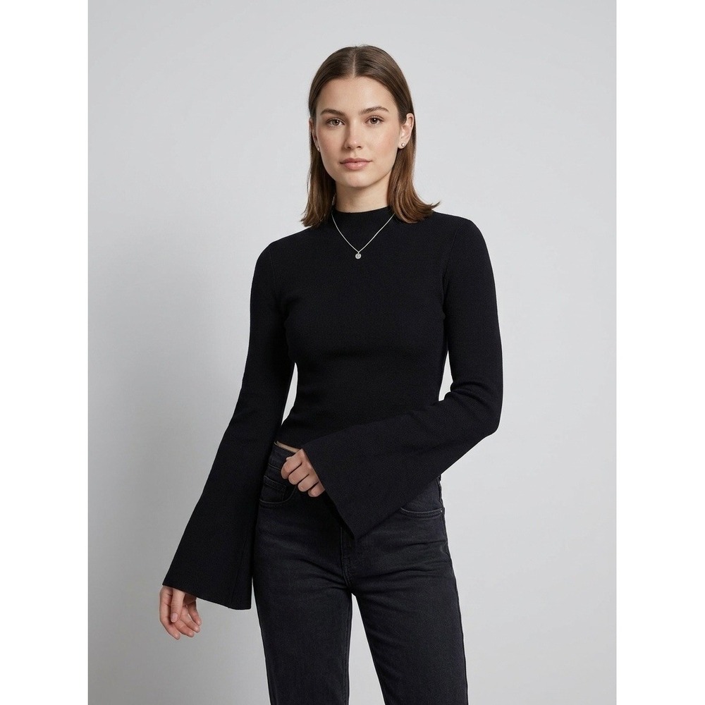 Maeve Anthropologie Black Ribbed Mock Neck Bell Sleeve Knit Sweater Size Large